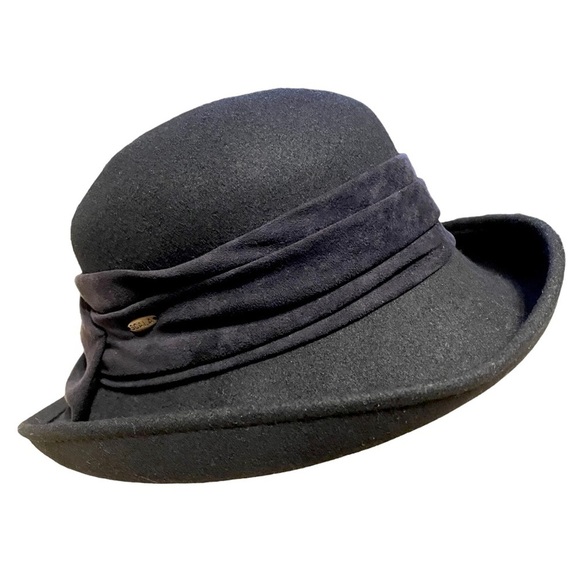 Scala Collection Wool Black Cloche Hat - 22 1/4" - Hat Sz 7 1/8 - Picture 1 of 11